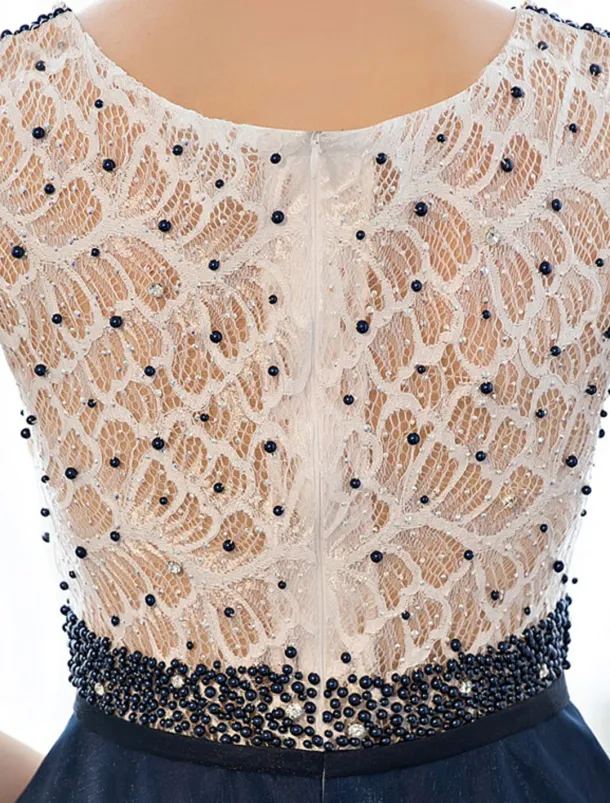 A-Line Elegant Dress Wedding Guest Prom Floor Length Sleeveless Illusion Neck Tulle Over Lace with Beading