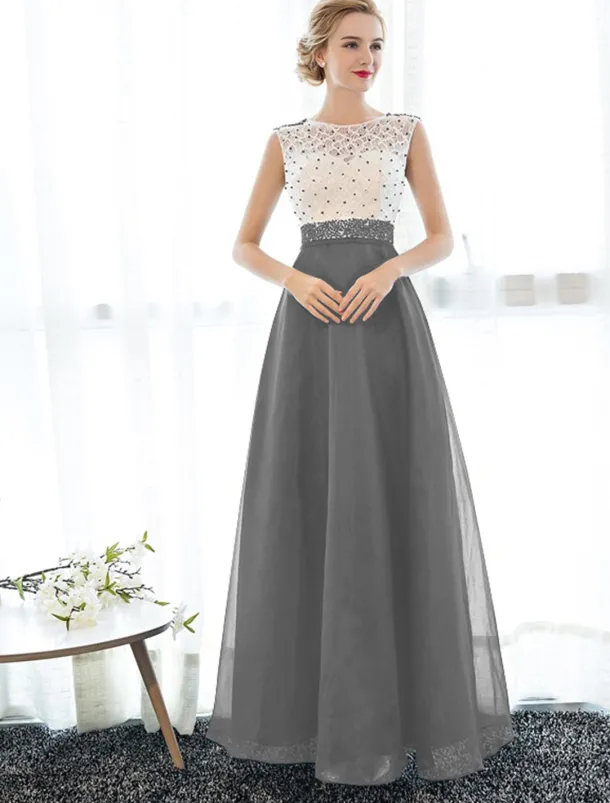 A-Line Elegant Dress Wedding Guest Prom Floor Length Sleeveless Illusion Neck Tulle Over Lace with Beading