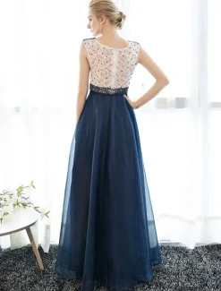 A-Line Elegant Dress Wedding Guest Prom Floor Length Sleeveless Illusion Neck Tulle Over Lace with Beading