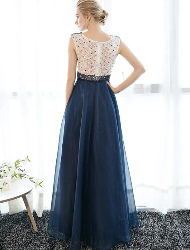 A-Line Elegant Dress Wedding Guest Prom Floor Length Sleeveless Illusion Neck Tulle Over Lace with Beading
