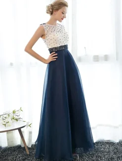 A-Line Elegant Dress Wedding Guest Prom Floor Length Sleeveless Illusion Neck Tulle Over Lace with Beading