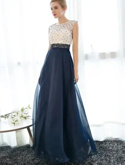 A-Line Elegant Dress Wedding Guest Prom Floor Length Sleeveless Illusion Neck Tulle Over Lace with Beading