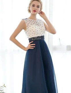 A-Line Elegant Dress Wedding Guest Prom Floor Length Sleeveless Illusion Neck Tulle Over Lace with Beading