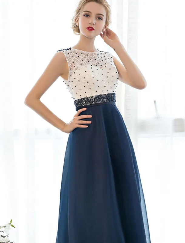 A-Line Elegant Dress Wedding Guest Prom Floor Length Sleeveless Illusion Neck Tulle Over Lace with Beading