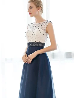 A-Line Elegant Dress Wedding Guest Prom Floor Length Sleeveless Illusion Neck Tulle Over Lace with Beading