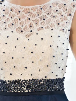 A-Line Elegant Dress Wedding Guest Prom Floor Length Sleeveless Illusion Neck Tulle Over Lace with Beading