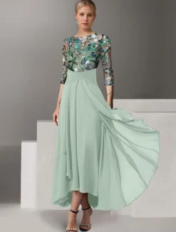 A-Line Embroidered Mother of the Bride Overskirt Dress Elegant Vintage Illusion Neck Ankle Length Chiffon Half Sleeve with Sequin
