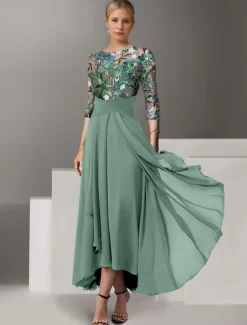 A-Line Embroidered Mother of the Bride Overskirt Dress Elegant Vintage Illusion Neck Ankle Length Chiffon Half Sleeve with Sequin