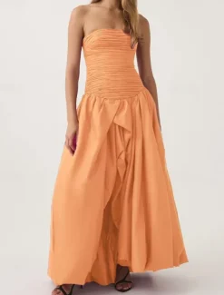 A-Line Evening Gown Bubble Dress Formal Semi Formal Wedding Floor Length Sleeveless Strapless Tafetta with Ruched Slit