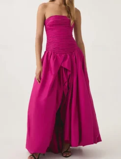 A-Line Evening Gown Bubble Dress Formal Semi Formal Wedding Floor Length Sleeveless Strapless Tafetta with Ruched Slit