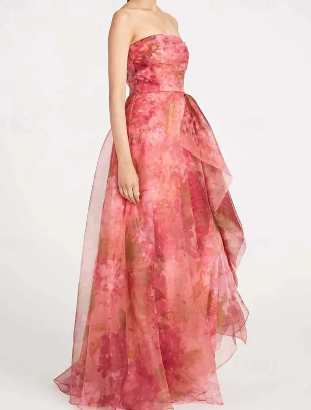 A-Line Evening Gown Celebrity Style Dress Formal Wedding Guest Floor Length Sleeveless One Shoulder Organza with Ruched Ruffles Slit Wedding Guest Dress