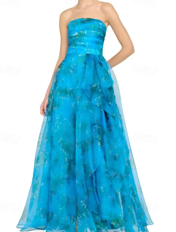 A-Line Evening Gown Celebrity Style Dress Formal Wedding Guest Floor Length Sleeveless One Shoulder Organza with Ruched Ruffles Slit Wedding Guest Dress