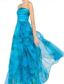 A-Line Evening Gown Celebrity Style Dress Formal Wedding Guest Floor Length Sleeveless One Shoulder Organza with Ruched Ruffles Slit Wedding Guest Dress