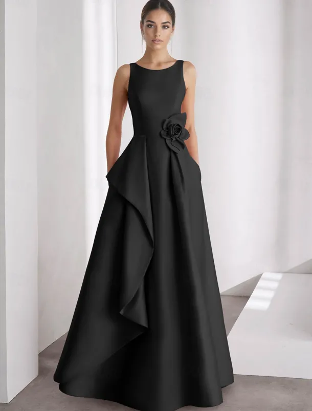 A-Line Evening Gown Elegant Dress Formal Wedding Floor Length Sleeveless Off Shoulder Pocket Satin with Ruffles