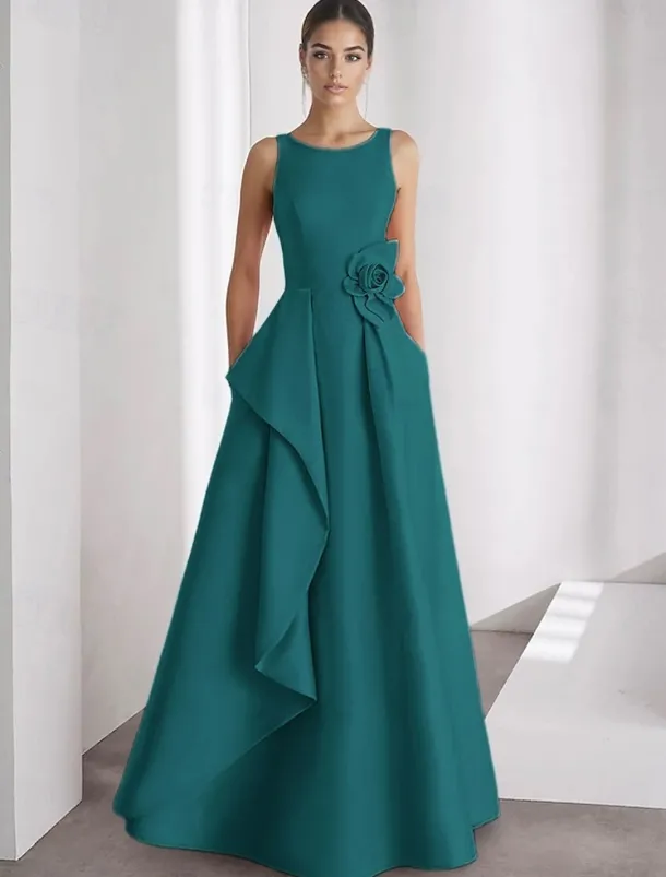 A-Line Evening Gown Elegant Dress Formal Wedding Floor Length Sleeveless Off Shoulder Pocket Satin with Ruffles