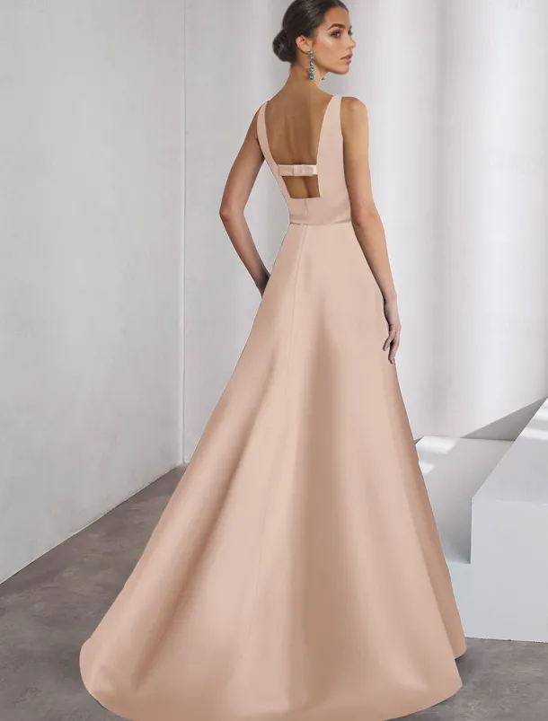 A-Line Evening Gown Elegant Dress Formal Wedding Floor Length Sleeveless Off Shoulder Pocket Satin with Ruffles