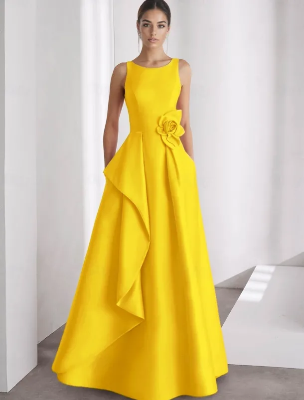 A-Line Evening Gown Elegant Dress Formal Wedding Floor Length Sleeveless Off Shoulder Pocket Satin with Ruffles