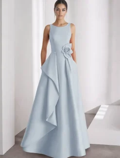 A-Line Evening Gown Elegant Dress Formal Wedding Floor Length Sleeveless Off Shoulder Pocket Satin with Ruffles