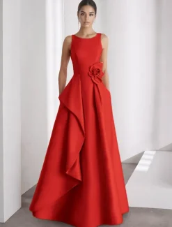 A-Line Evening Gown Elegant Dress Formal Wedding Floor Length Sleeveless Off Shoulder Pocket Satin with Ruffles