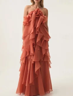 A-Line Evening Gown Elegant Dress Formal Evening Party Floor Length Sleeveless Halter Neck Organza with Flowers and Ruffles