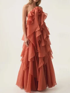 A-Line Evening Gown Elegant Dress Formal Evening Party Floor Length Sleeveless Halter Neck Organza with Flowers and Ruffles