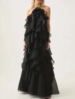 A-Line Evening Gown Elegant Dress Formal Evening Party Floor Length Sleeveless Halter Neck Organza with Flowers and Ruffles
