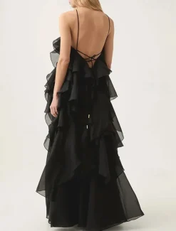 A-Line Evening Gown Elegant Dress Formal Evening Party Floor Length Sleeveless Halter Neck Organza with Flowers and Ruffles