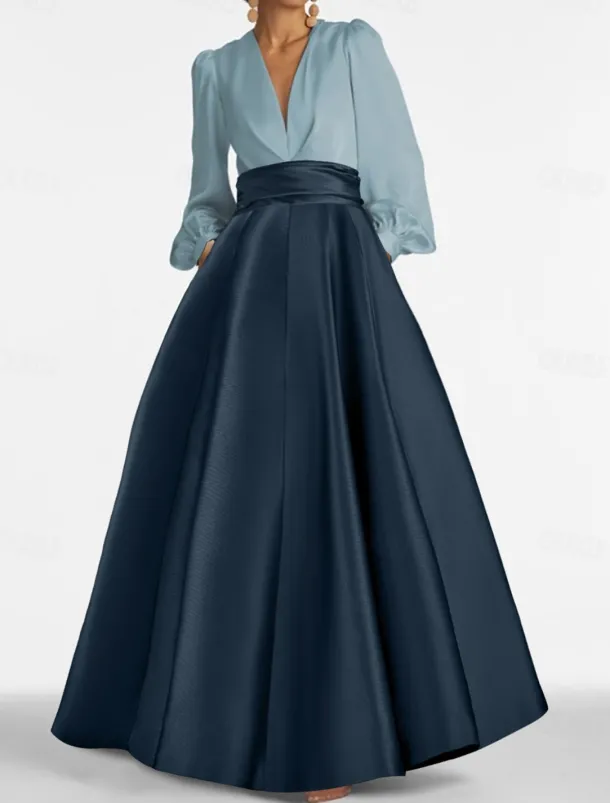 A-Line Evening Gown Elegant Dress Formal Wedding Guest Floor Length Long Sleeve V Neck Satin with Ruched