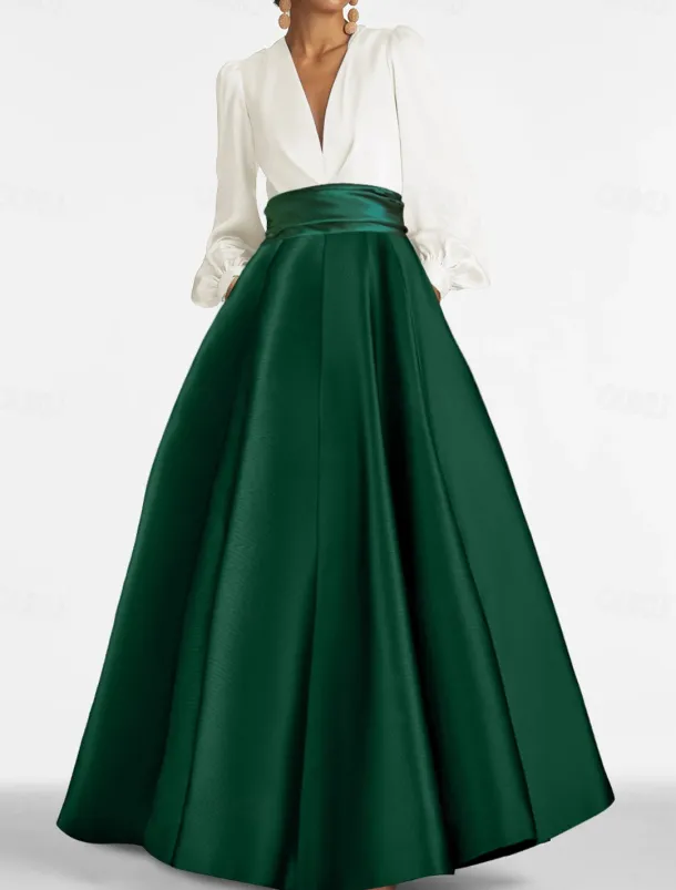 A-Line Evening Gown Elegant Dress Formal Wedding Guest Floor Length Long Sleeve V Neck Satin with Ruched