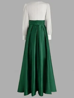 A-Line Evening Gown Elegant Dress Formal Wedding Guest Floor Length Long Sleeve V Neck Satin with Ruched