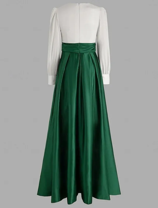 A-Line Evening Gown Elegant Dress Formal Wedding Guest Floor Length Long Sleeve V Neck Satin with Ruched