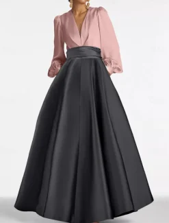 A-Line Evening Gown Elegant Dress Formal Wedding Guest Floor Length Long Sleeve V Neck Satin with Ruched