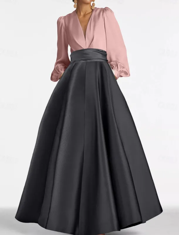 A-Line Evening Gown Elegant Dress Formal Wedding Guest Floor Length Long Sleeve V Neck Satin with Ruched