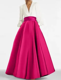 A-Line Evening Gown Elegant Dress Formal Wedding Guest Floor Length Long Sleeve V Neck Satin with Ruched