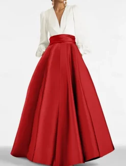 A-Line Evening Gown Elegant Dress Formal Wedding Guest Floor Length Long Sleeve V Neck Satin with Ruched