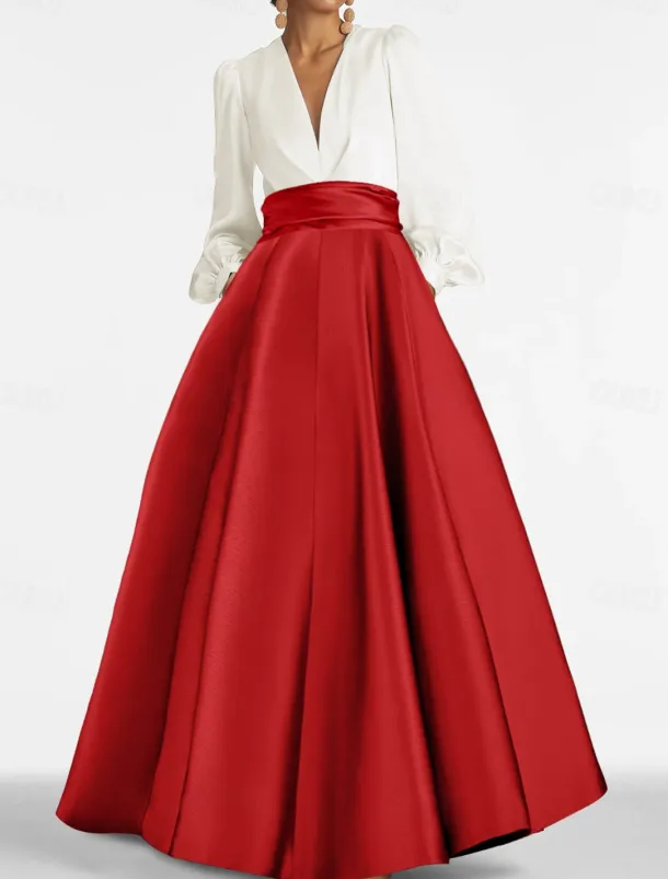 A-Line Evening Gown Elegant Dress Formal Wedding Guest Floor Length Long Sleeve V Neck Satin with Ruched