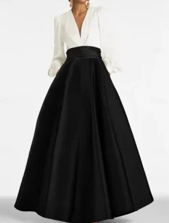 A-Line Evening Gown Elegant Dress Formal Wedding Guest Floor Length Long Sleeve V Neck Satin with Ruched