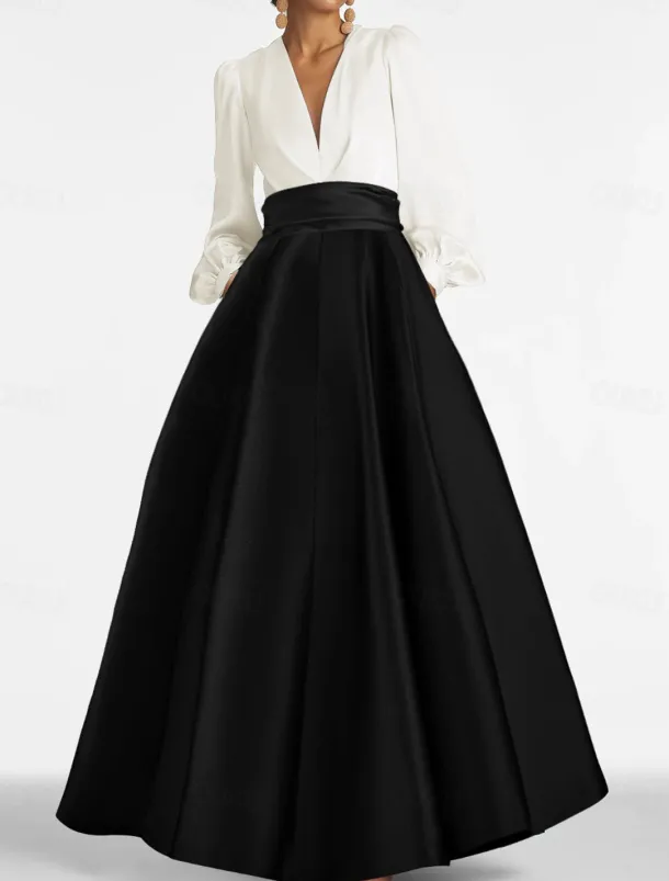 A-Line Evening Gown Elegant Dress Formal Wedding Guest Floor Length Long Sleeve V Neck Satin with Ruched