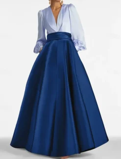 A-Line Evening Gown Elegant Dress Formal Wedding Guest Floor Length Long Sleeve V Neck Satin with Ruched