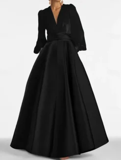 A-Line Evening Gown Elegant Dress Formal Wedding Guest Floor Length Long Sleeve V Neck Satin with Ruched
