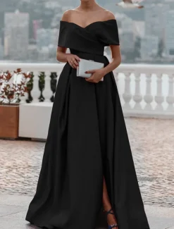 A-Line Evening Gown Elegant Dress Formal Wedding Court Train Sleeveless Off Shoulder Bridesmaid Dress Satin with Ruched Slit