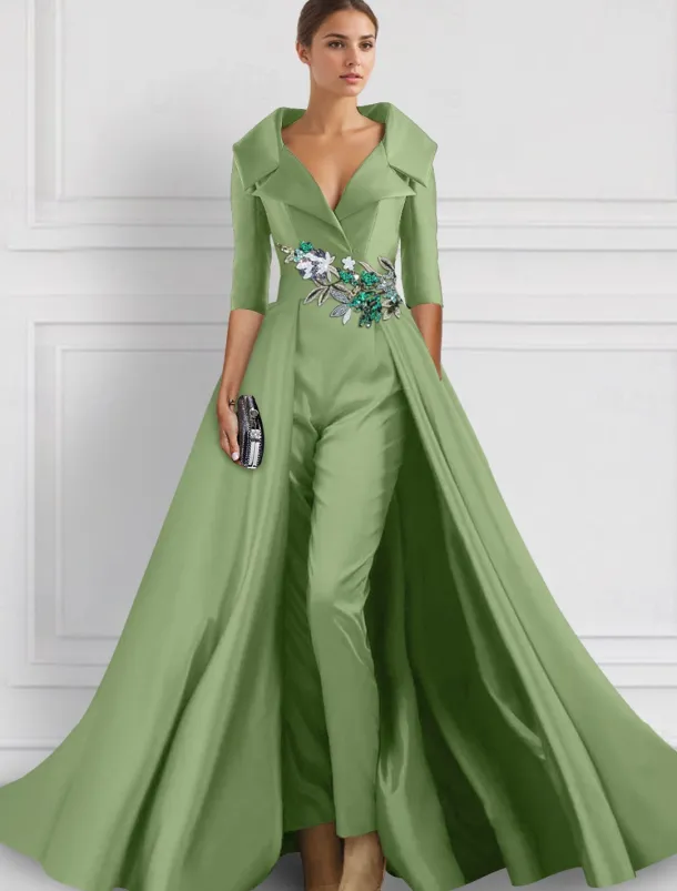 A-Line Evening Gown Elegant Overskirt Jumpsuit Dress Formal Wedding Floral Floor Length Half Sleeve Shirt Collar Satin with Slit Embroidery Appliques