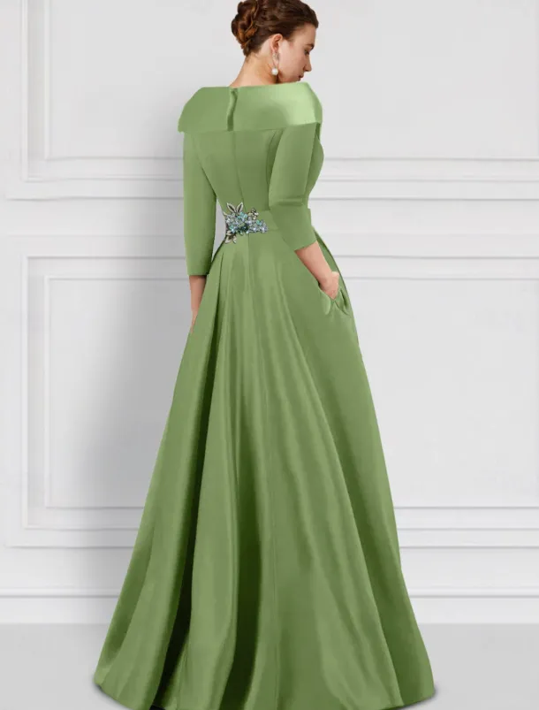 A-Line Evening Gown Elegant Overskirt Jumpsuit Dress Formal Wedding Floral Floor Length Half Sleeve Shirt Collar Satin with Slit Embroidery Appliques