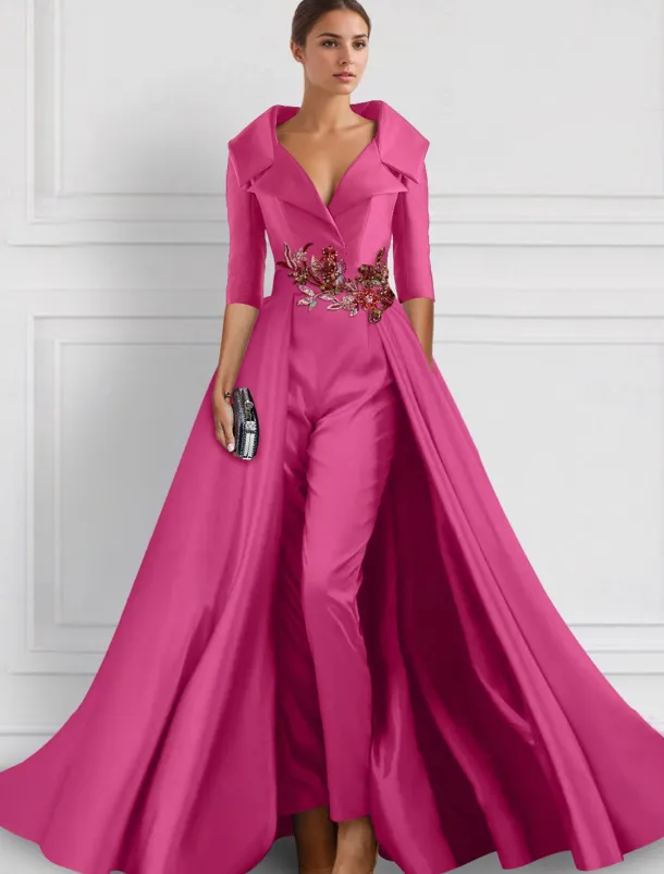 A-Line Evening Gown Elegant Overskirt Jumpsuit Dress Formal Wedding Floral Floor Length Half Sleeve Shirt Collar Satin with Slit Embroidery Appliques