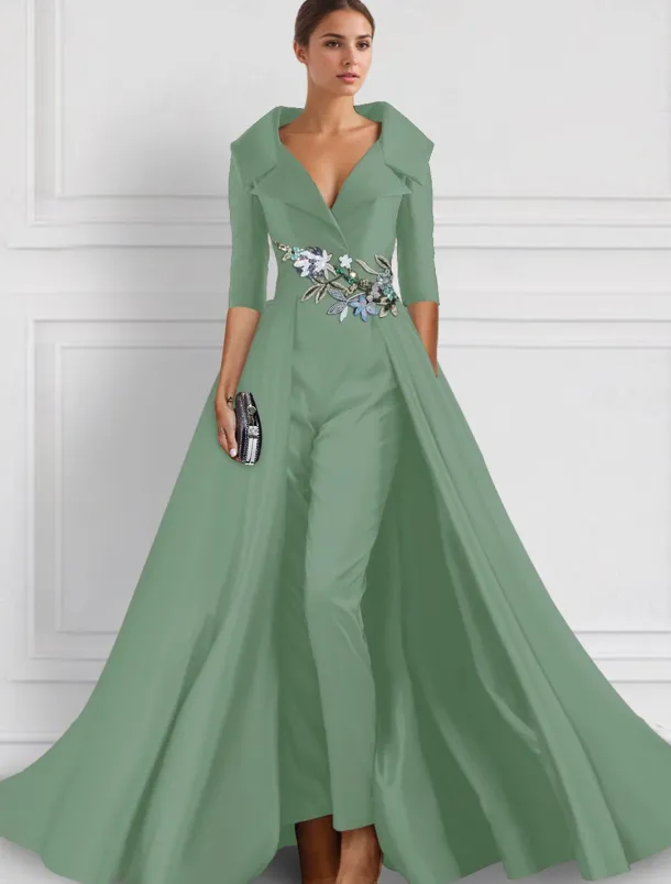 A-Line Evening Gown Elegant Overskirt Jumpsuit Dress Formal Wedding Floral Floor Length Half Sleeve Shirt Collar Satin with Slit Embroidery Appliques