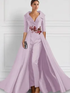 A-Line Evening Gown Elegant Overskirt Jumpsuit Dress Formal Wedding Floral Floor Length Half Sleeve Shirt Collar Satin with Slit Embroidery Appliques
