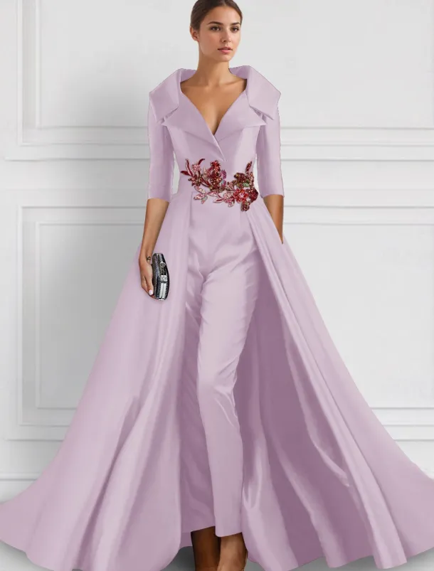 A-Line Evening Gown Elegant Overskirt Jumpsuit Dress Formal Wedding Floral Floor Length Half Sleeve Shirt Collar Satin with Slit Embroidery Appliques