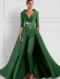 A-Line Evening Gown Elegant Overskirt Jumpsuit Dress Formal Wedding Floral Floor Length Half Sleeve Shirt Collar Satin with Slit Embroidery Appliques