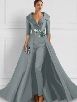 A-Line Evening Gown Elegant Overskirt Jumpsuit Dress Formal Wedding Floral Floor Length Half Sleeve Shirt Collar Satin with Slit Embroidery Appliques
