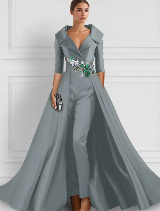 A-Line Evening Gown Elegant Overskirt Jumpsuit Dress Formal Wedding Floral Floor Length Half Sleeve Shirt Collar Satin with Slit Embroidery Appliques